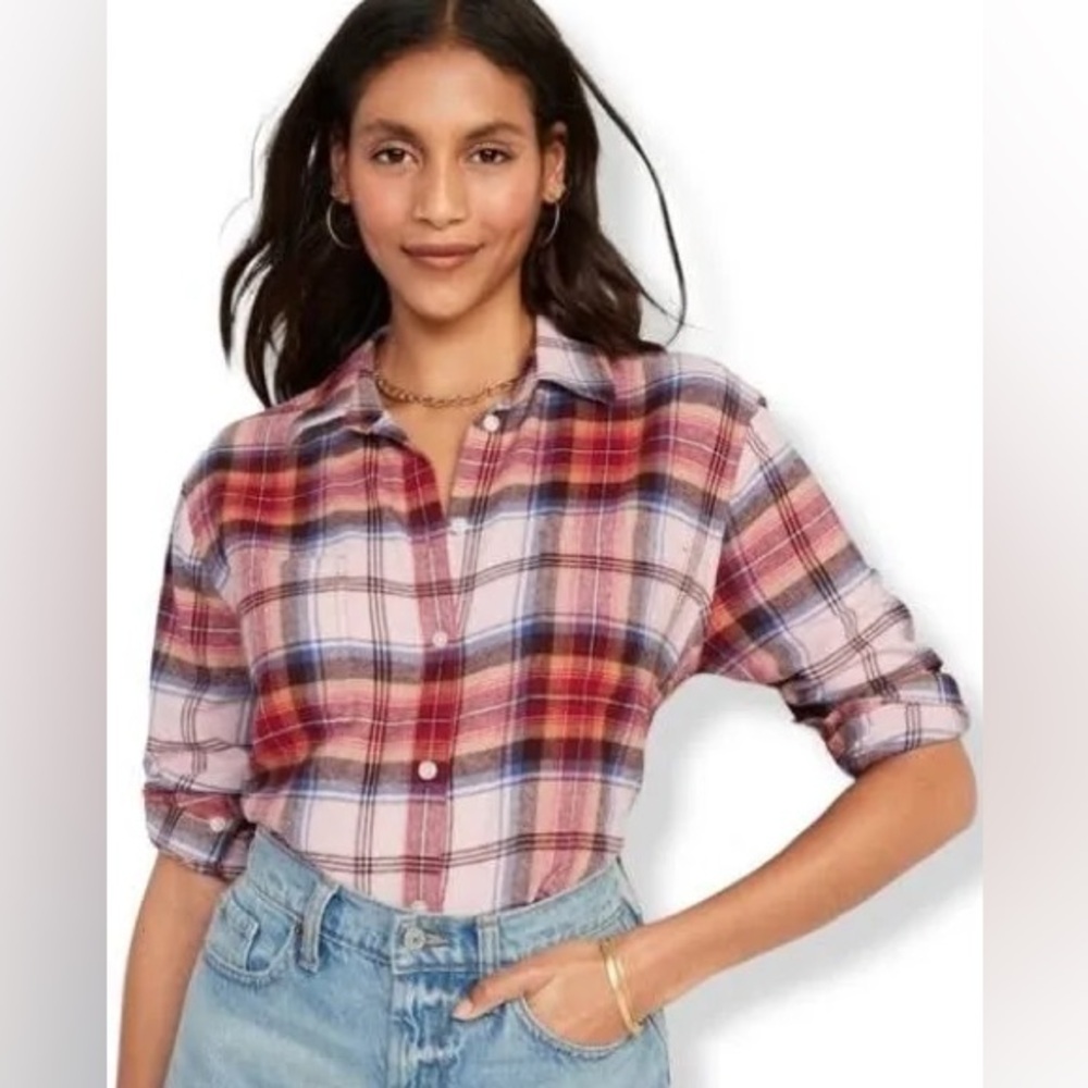 Old Navy Multicolor Plaid Button-Down Cotton Boyfriend Shirt Size‎ Medium